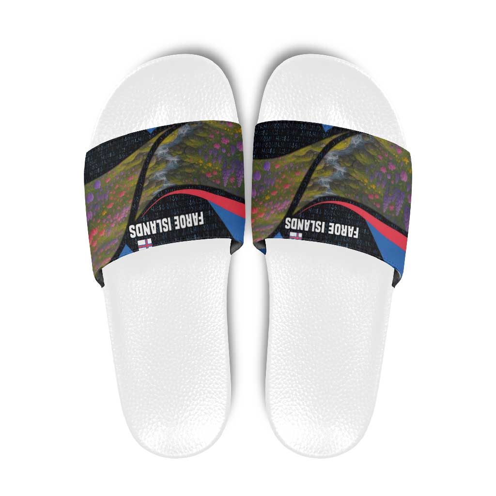 Faroe Islands Slide Sandals with Waterfall Nature Scene and Rune Pattern Design - Wonder Print Shop