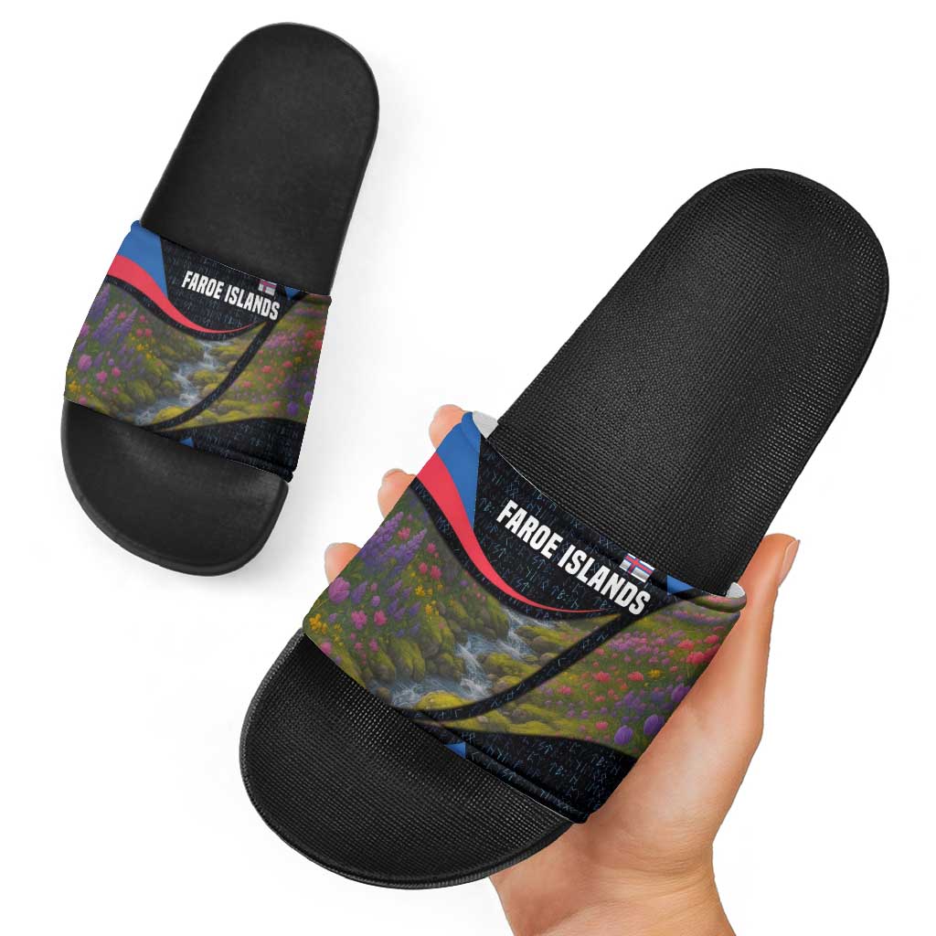 Faroe Islands Slide Sandals with Waterfall Nature Scene and Rune Pattern Design - Wonder Print Shop