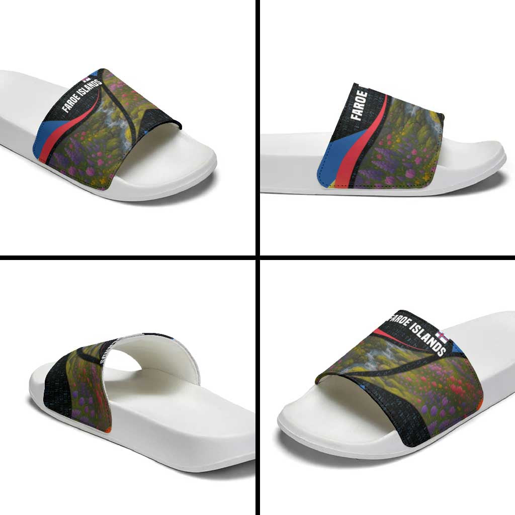 Faroe Islands Slide Sandals with Waterfall Nature Scene and Rune Pattern Design - Wonder Print Shop