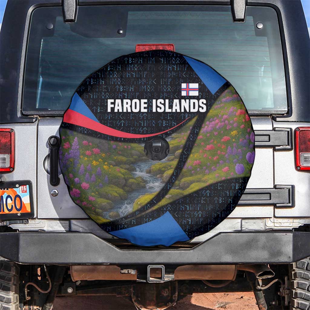 Faroe Islands Spare Tire Cover with Waterfall Nature Scene and Rune Pattern Design - Wonder Print Shop