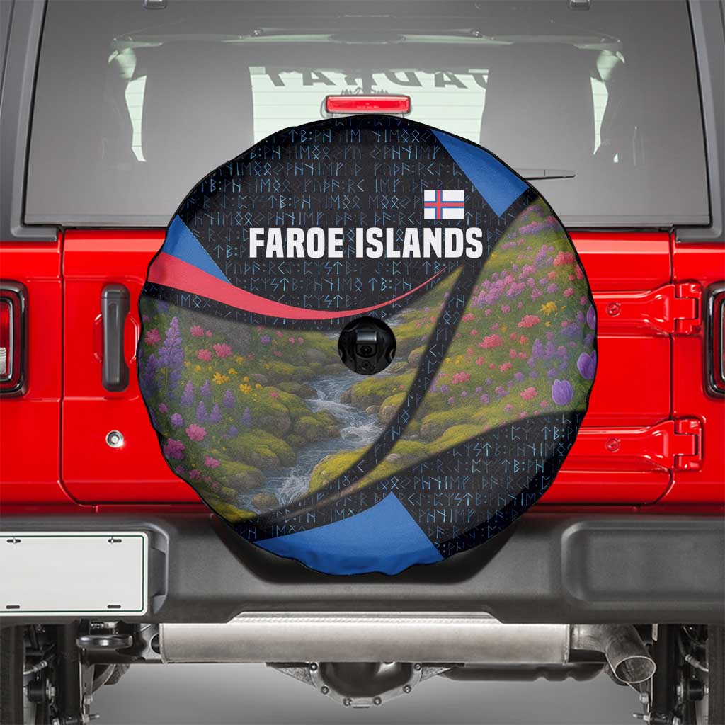 Faroe Islands Spare Tire Cover with Waterfall Nature Scene and Rune Pattern Design - Wonder Print Shop