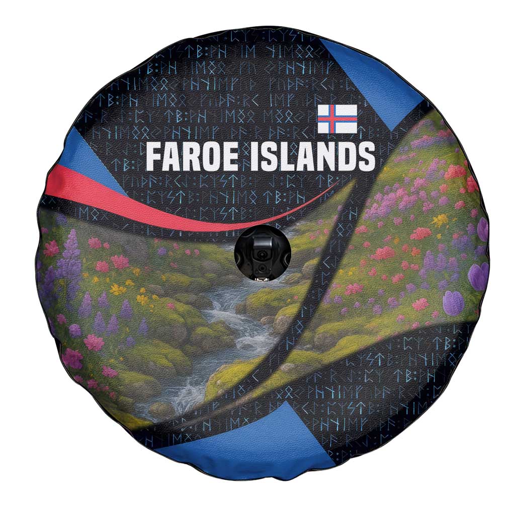 Faroe Islands Spare Tire Cover with Waterfall Nature Scene and Rune Pattern Design - Wonder Print Shop