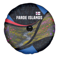 Faroe Islands Spare Tire Cover with Waterfall Nature Scene and Rune Pattern Design - Wonder Print Shop