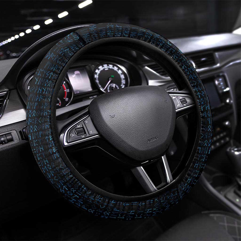 Faroe Islands Steering Wheel Cover with Waterfall Nature Scene and Rune Pattern Design - Wonder Print Shop