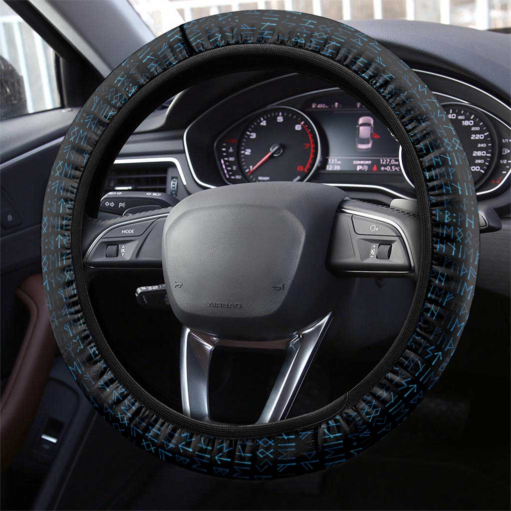 Faroe Islands Steering Wheel Cover with Waterfall Nature Scene and Rune Pattern Design - Wonder Print Shop