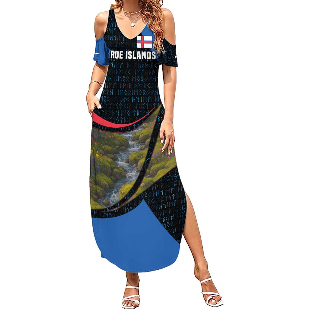 Faroe Islands Summer Maxi Dress with Waterfall Nature Scene and Rune Pattern Design - Wonder Print Shop