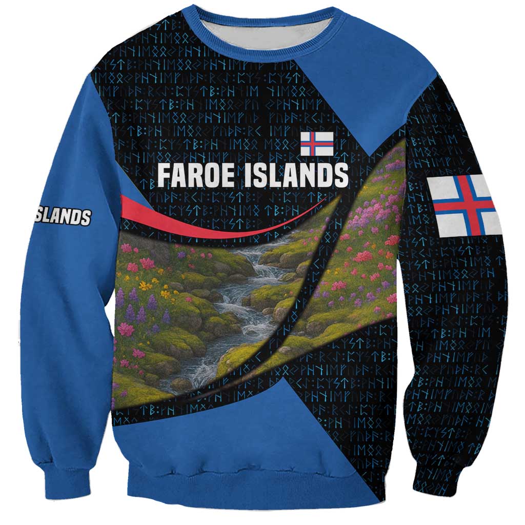 Faroe Islands Sweatshirt with Waterfall Nature Scene and Rune Pattern Design - Wonder Print Shop
