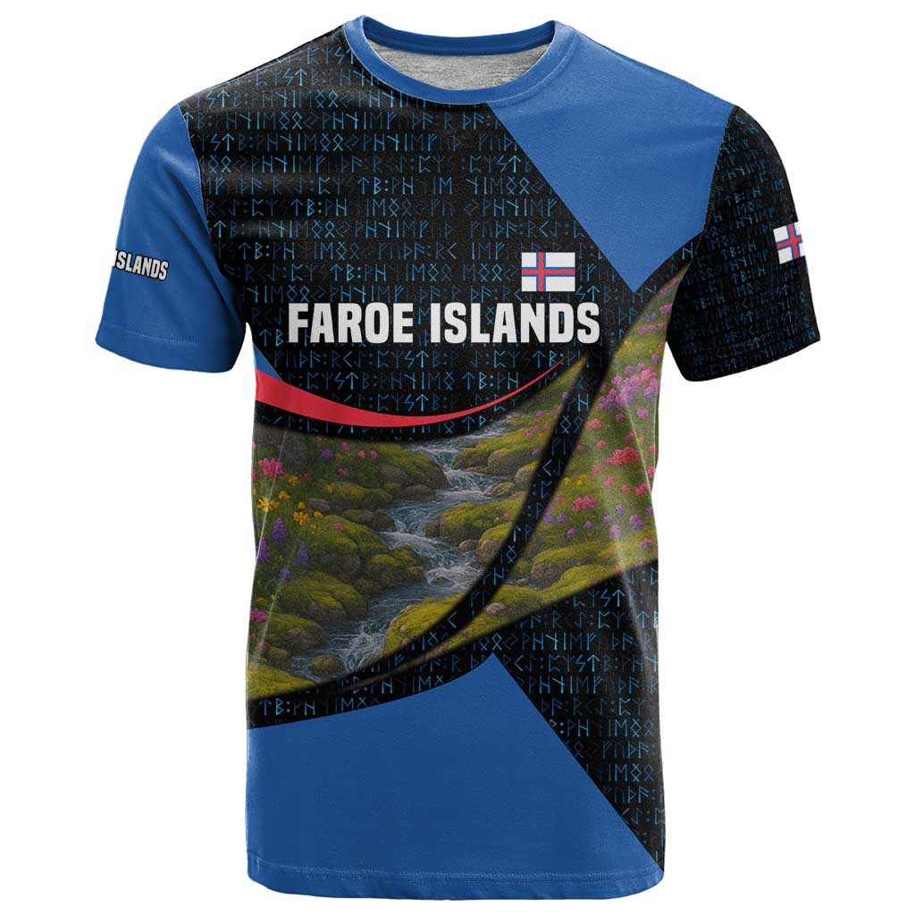 Faroe Islands T Shirt with Waterfall Nature Scene and Rune Pattern Design - Wonder Print Shop