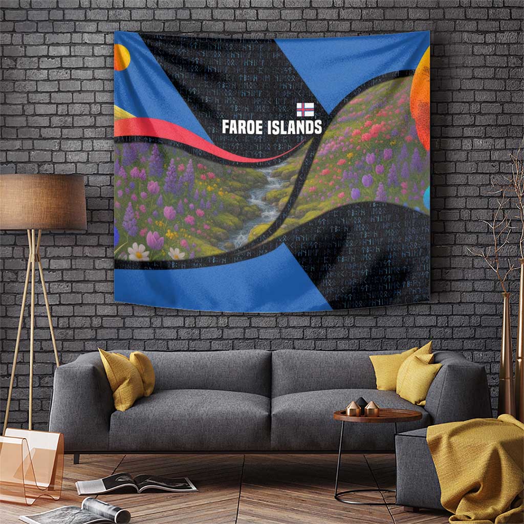 Faroe Islands Tapestry with Waterfall Nature Scene and Rune Pattern Design - Wonder Print Shop