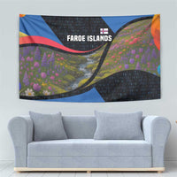 Faroe Islands Tapestry with Waterfall Nature Scene and Rune Pattern Design - Wonder Print Shop