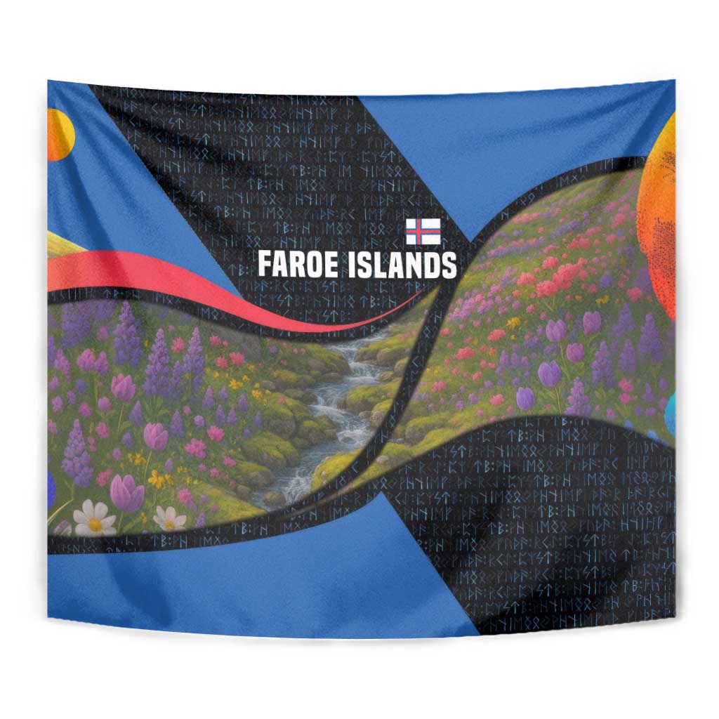Faroe Islands Tapestry with Waterfall Nature Scene and Rune Pattern Design - Wonder Print Shop