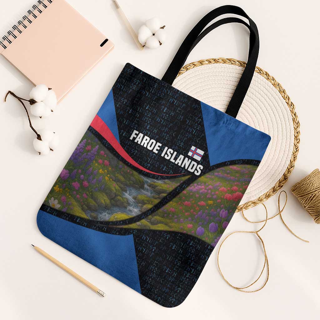 Faroe Islands Tote Bag with Waterfall Nature Scene and Rune Pattern Design - Wonder Print Shop