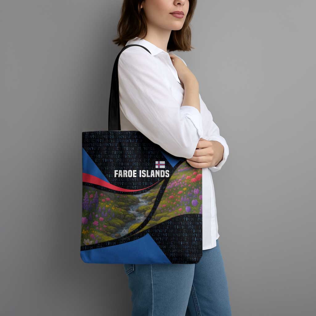 Faroe Islands Tote Bag with Waterfall Nature Scene and Rune Pattern Design - Wonder Print Shop