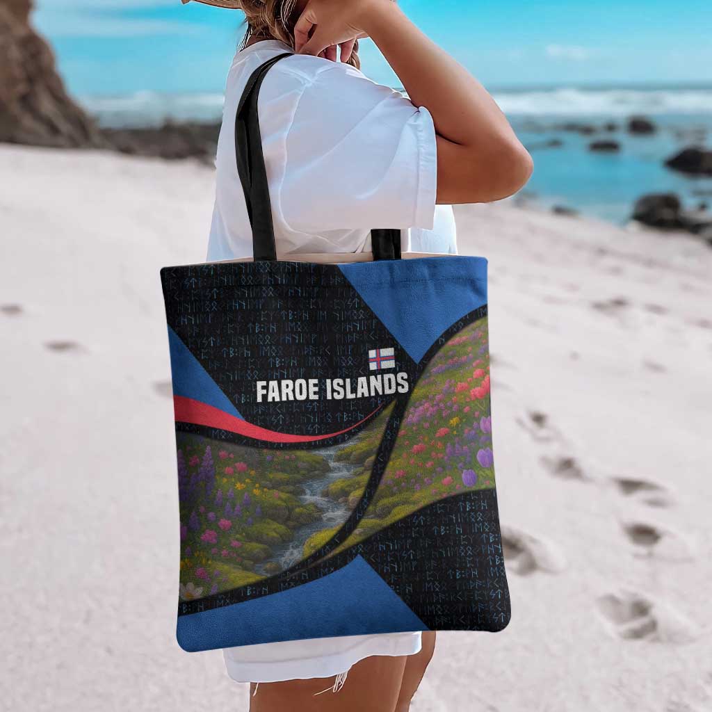 Faroe Islands Tote Bag with Waterfall Nature Scene and Rune Pattern Design - Wonder Print Shop