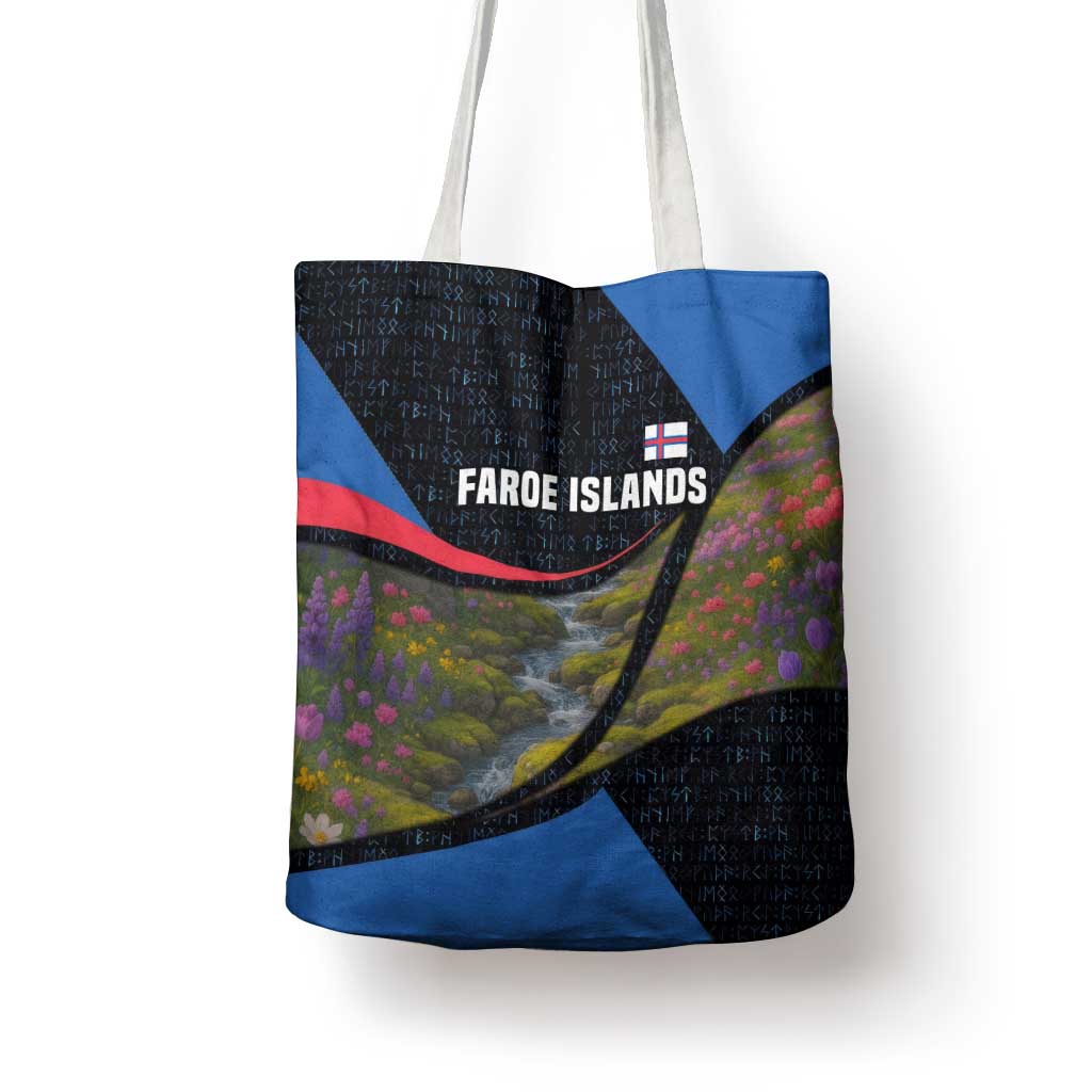 Faroe Islands Tote Bag with Waterfall Nature Scene and Rune Pattern Design - Wonder Print Shop
