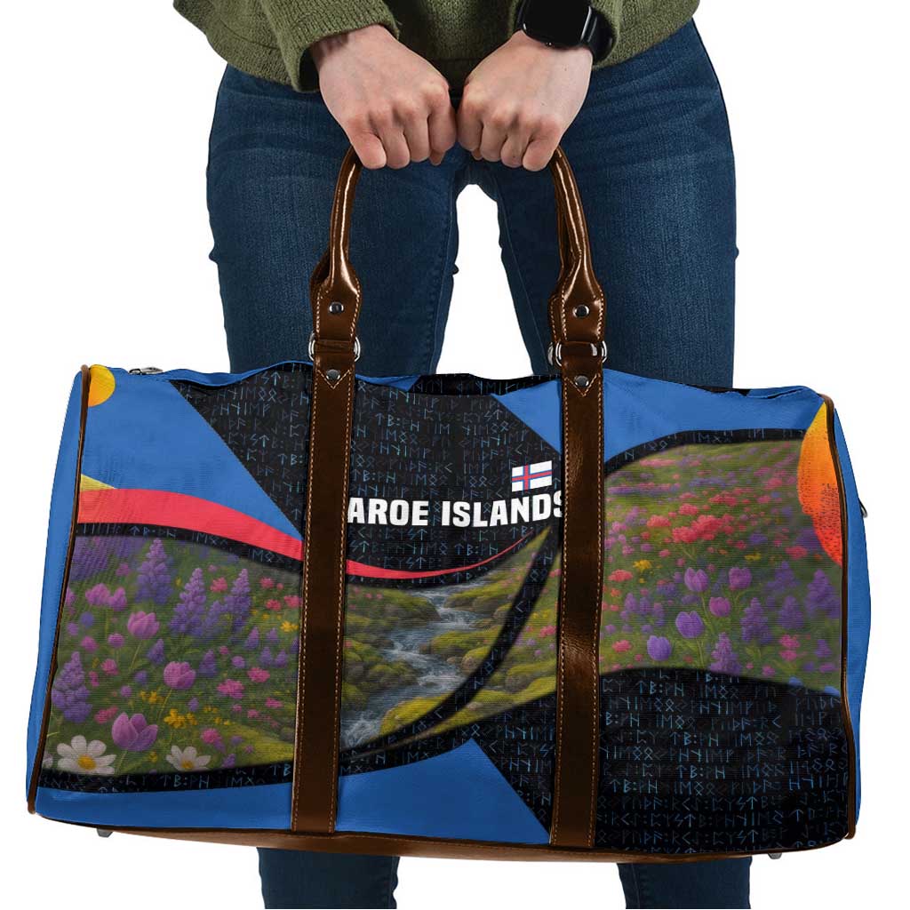 Faroe Islands Travel Bag with Waterfall Nature Scene and Rune Pattern Design - Wonder Print Shop