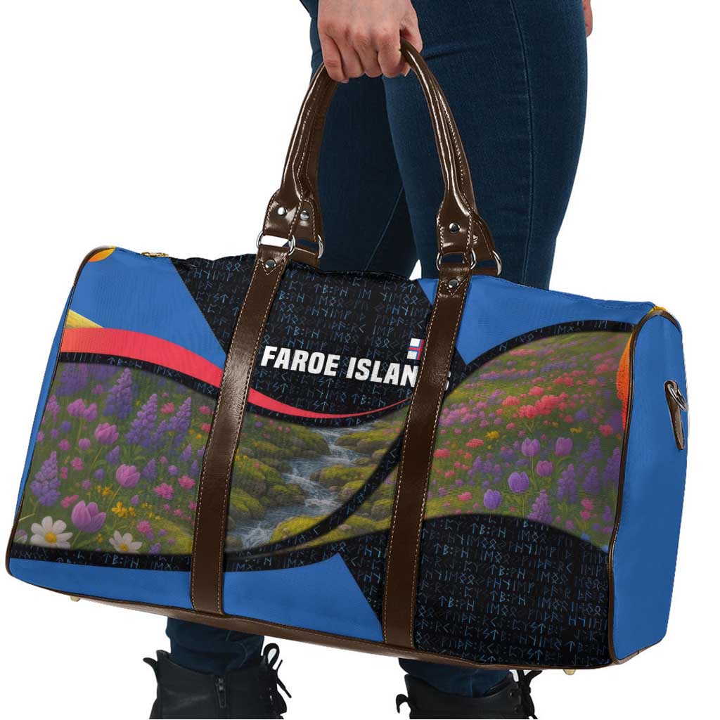 Faroe Islands Travel Bag with Waterfall Nature Scene and Rune Pattern Design - Wonder Print Shop