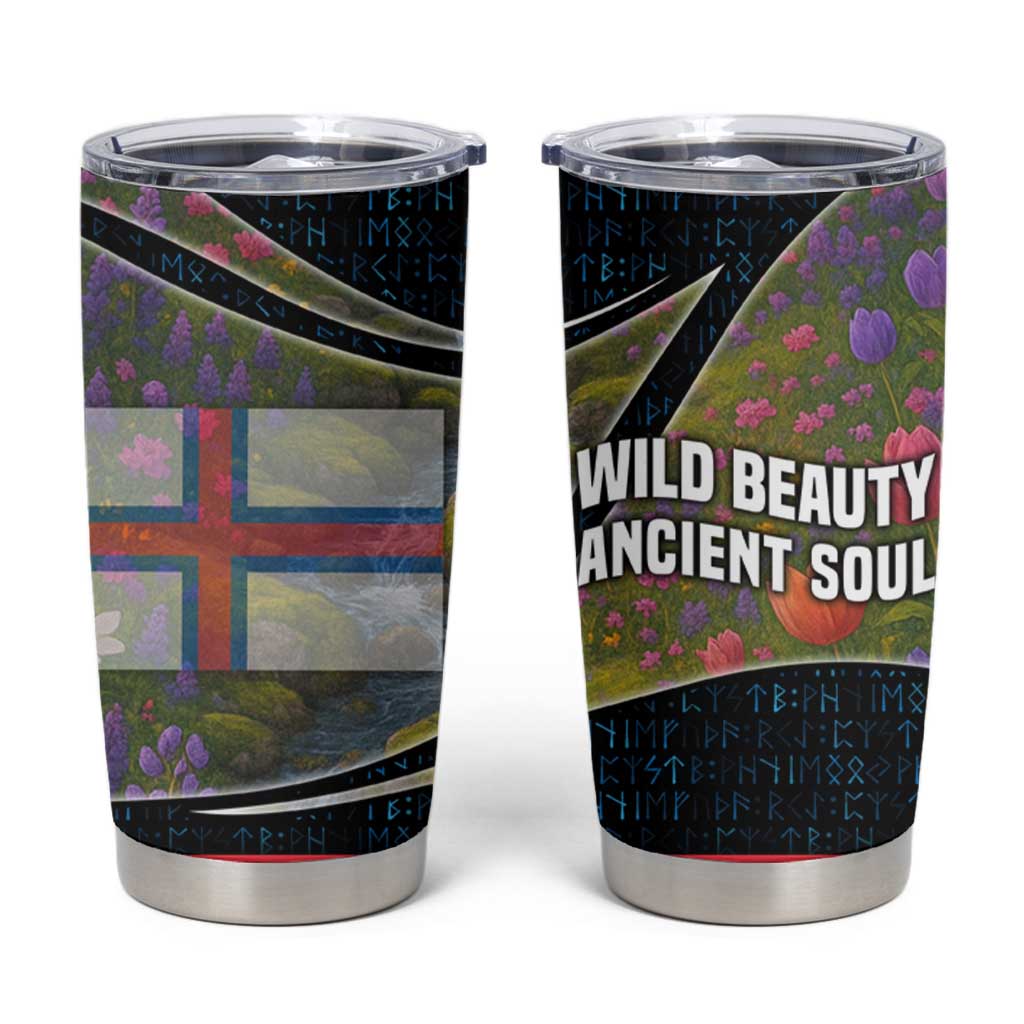 Faroe Islands Tumbler Cup with Waterfall Nature Scene and Rune Pattern Design - Wonder Print Shop