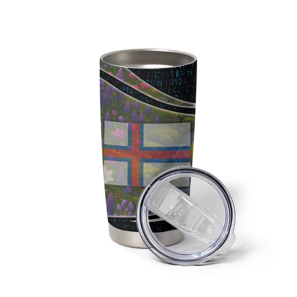 Faroe Islands Tumbler Cup with Waterfall Nature Scene and Rune Pattern Design - Wonder Print Shop