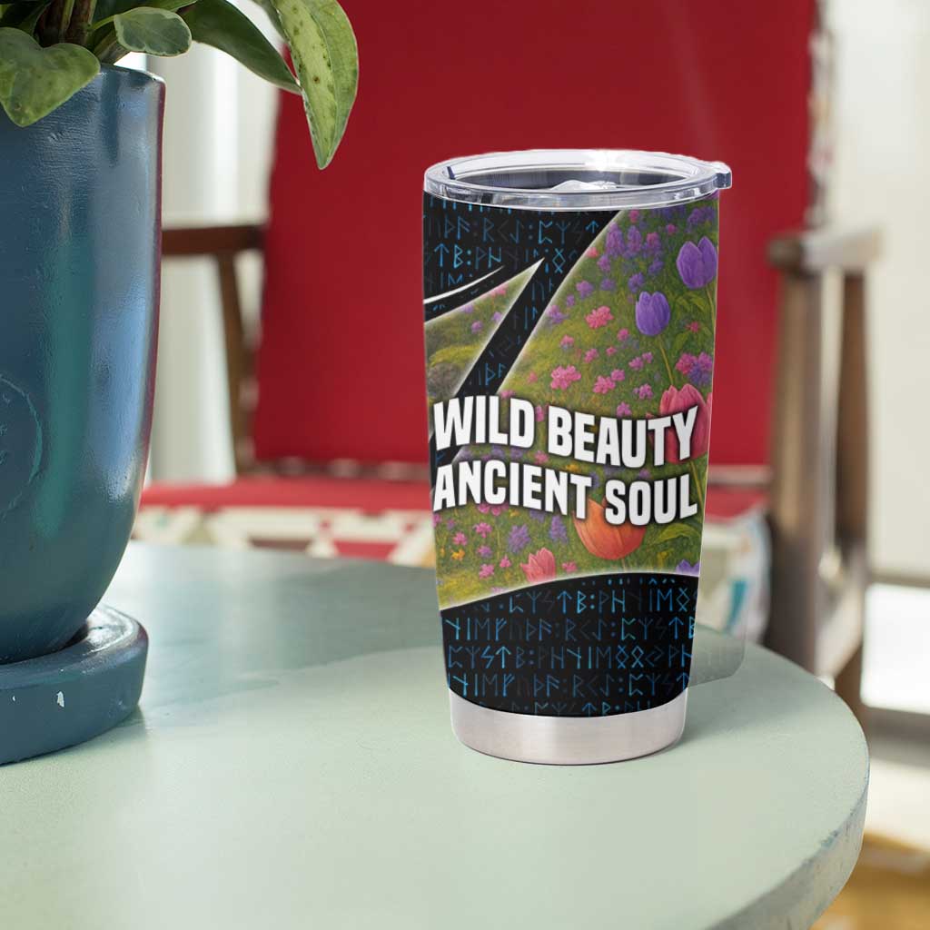 Faroe Islands Tumbler Cup with Waterfall Nature Scene and Rune Pattern Design - Wonder Print Shop