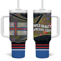 Faroe Islands Tumbler With Handle with Waterfall Nature Scene and Rune Pattern Design - Wonder Print Shop