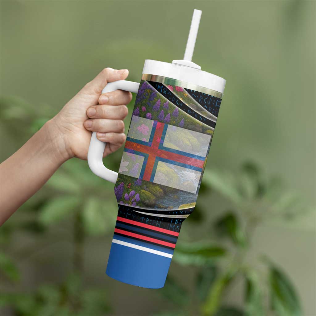 Faroe Islands Tumbler With Handle with Waterfall Nature Scene and Rune Pattern Design - Wonder Print Shop