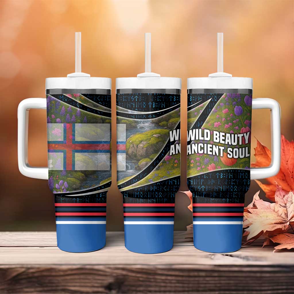 Faroe Islands Tumbler With Handle with Waterfall Nature Scene and Rune Pattern Design - Wonder Print Shop