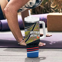 Faroe Islands Tumbler With Handle with Waterfall Nature Scene and Rune Pattern Design - Wonder Print Shop