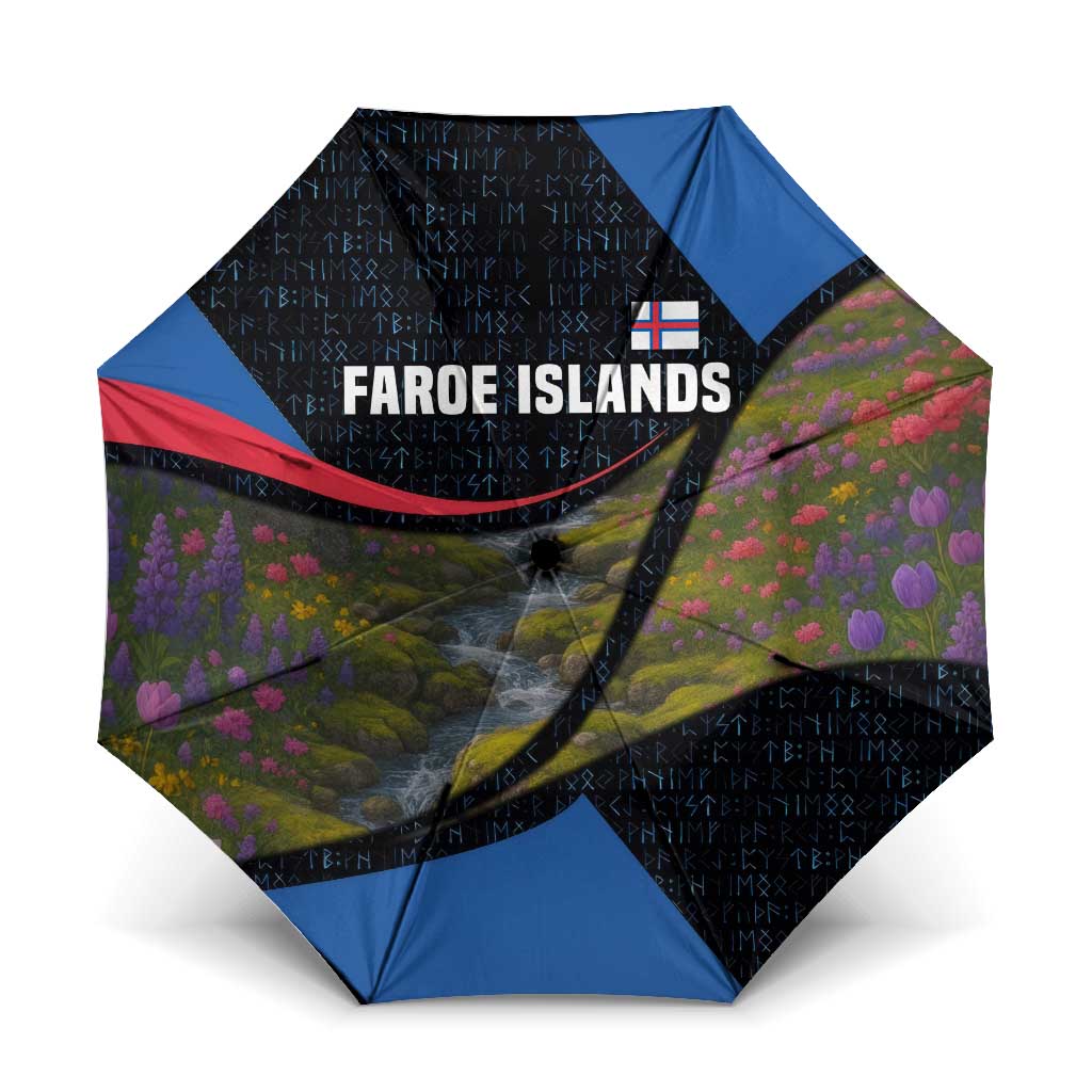 Faroe Islands Umbrella with Waterfall Nature Scene and Rune Pattern Design - Wonder Print Shop