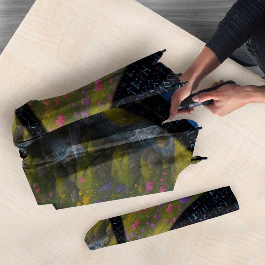 Faroe Islands Umbrella with Waterfall Nature Scene and Rune Pattern Design - Wonder Print Shop