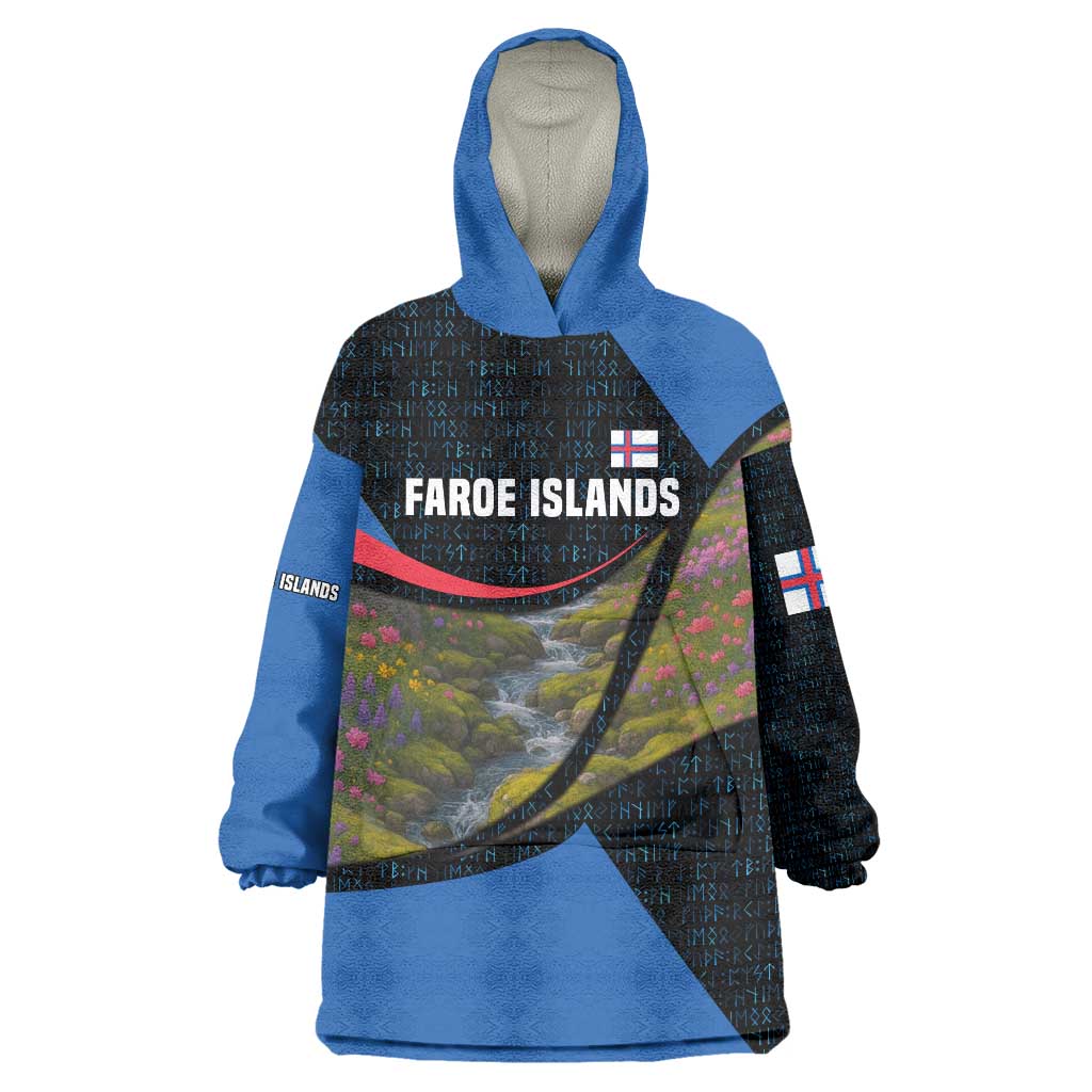 Faroe Islands Wearable Blanket Hoodie with Waterfall Nature Scene and Rune Pattern Design - Wonder Print Shop