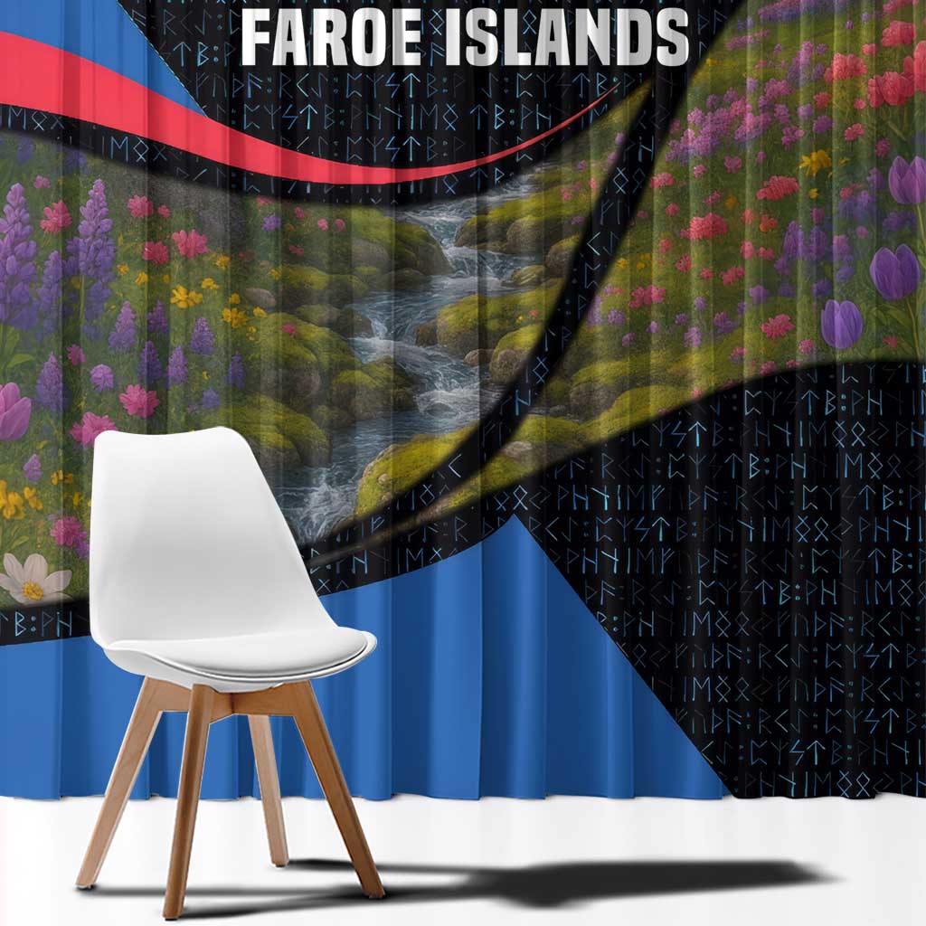 Faroe Islands Window Curtain with Waterfall Nature Scene and Rune Pattern Design - Wonder Print Shop