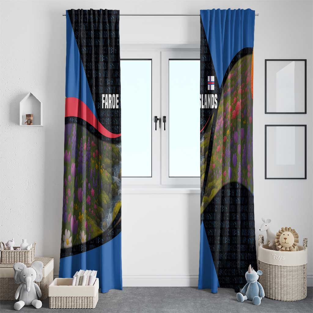 Faroe Islands Window Curtain with Waterfall Nature Scene and Rune Pattern Design - Wonder Print Shop