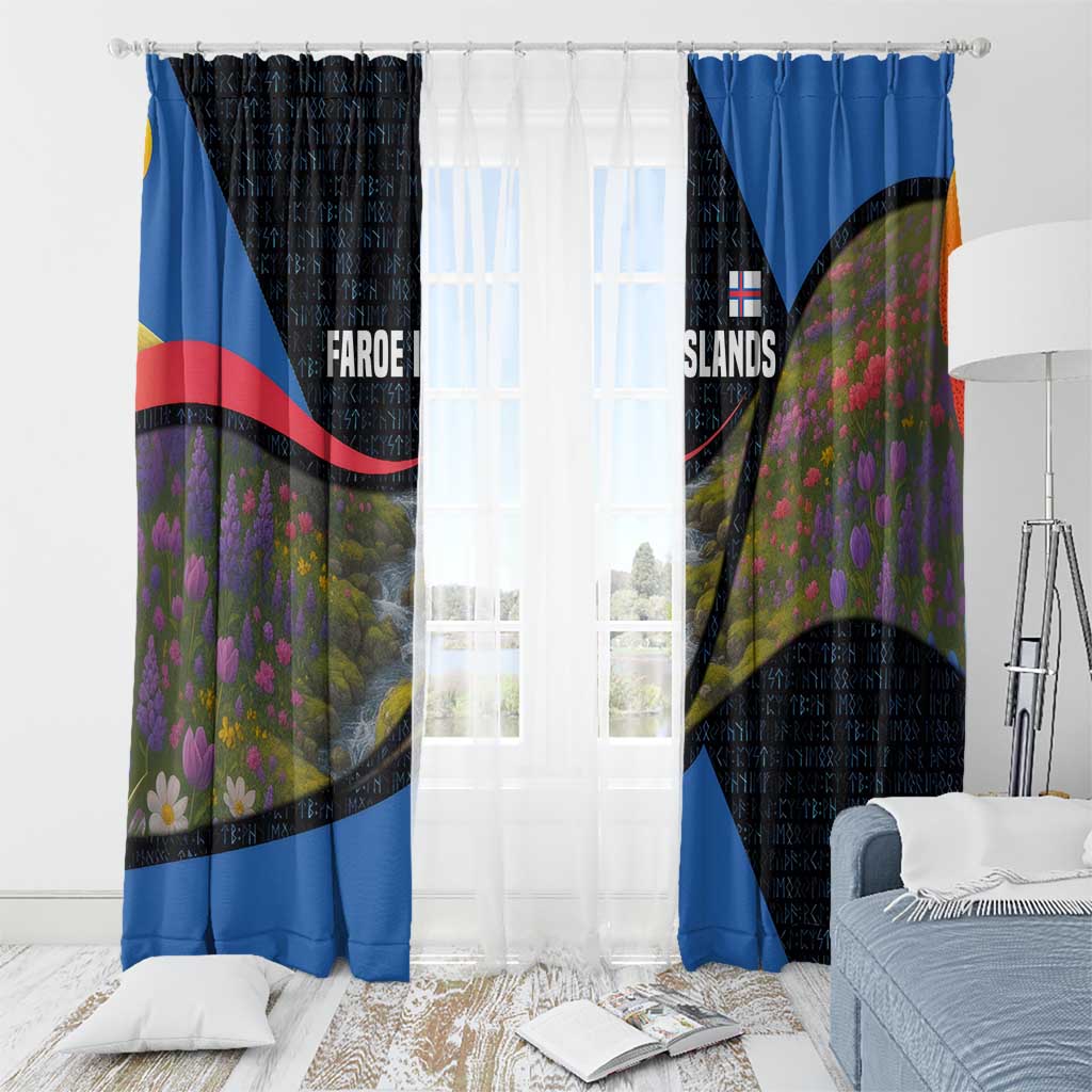 Faroe Islands Window Curtain with Waterfall Nature Scene and Rune Pattern Design - Wonder Print Shop