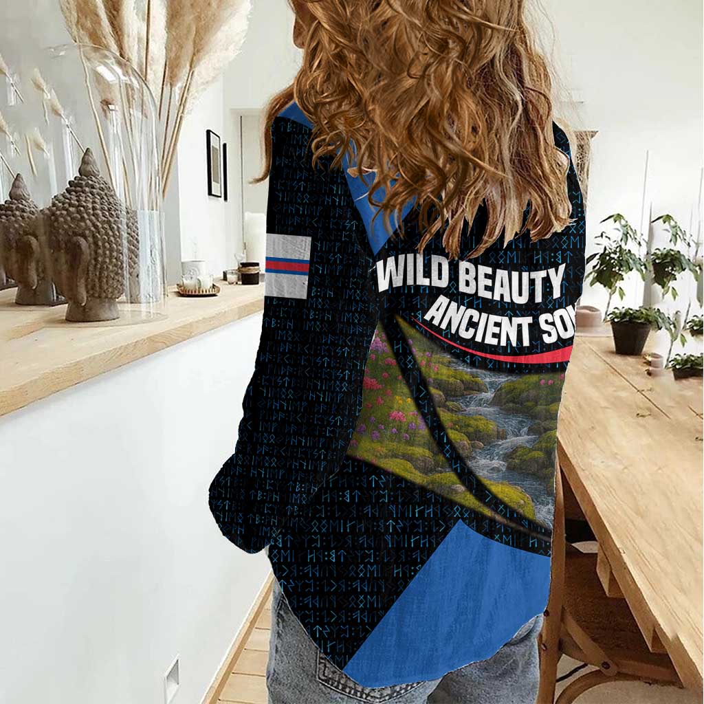 Faroe Islands Women Casual Shirt with Waterfall Nature Scene and Rune Pattern Design - Wonder Print Shop