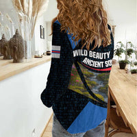 Faroe Islands Women Casual Shirt with Waterfall Nature Scene and Rune Pattern Design - Wonder Print Shop