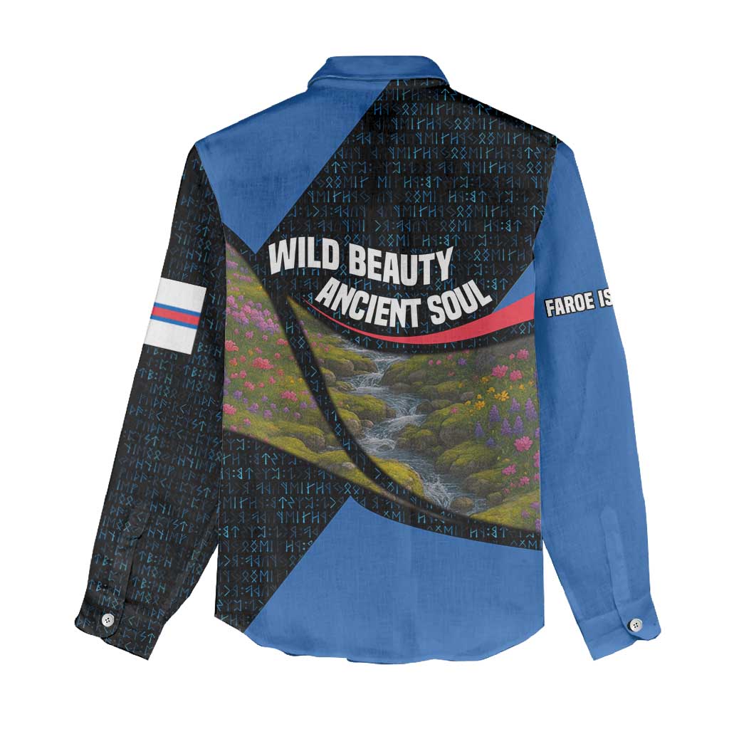 Faroe Islands Women Casual Shirt with Waterfall Nature Scene and Rune Pattern Design - Wonder Print Shop