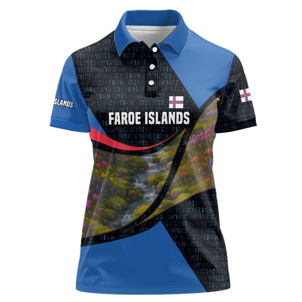 Faroe Islands Women Polo Shirt with Waterfall Nature Scene and Rune Pattern Design - Wonder Print Shop