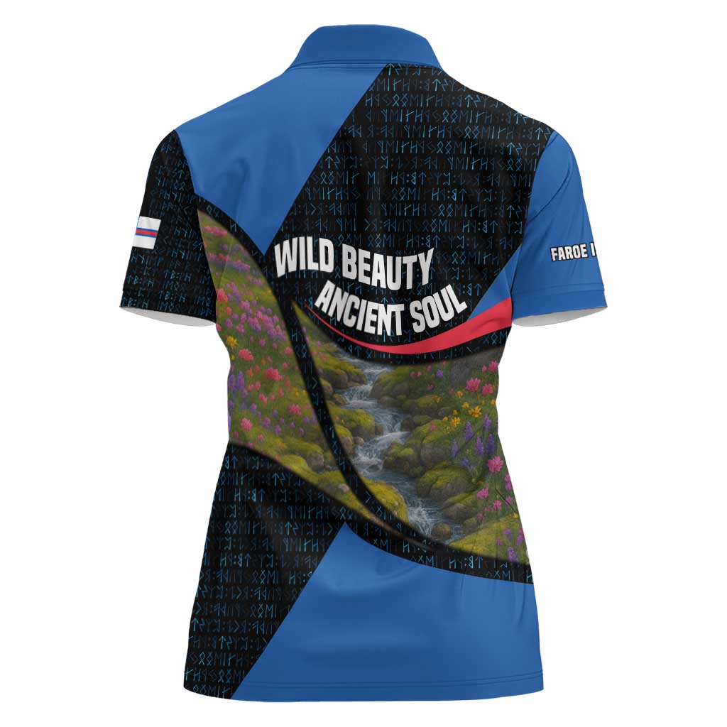 Faroe Islands Women Polo Shirt with Waterfall Nature Scene and Rune Pattern Design - Wonder Print Shop