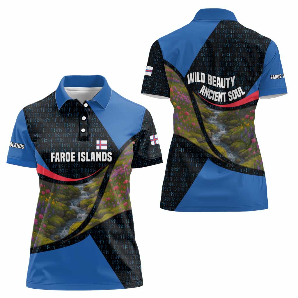 Faroe Islands Women Polo Shirt with Waterfall Nature Scene and Rune Pattern Design - Wonder Print Shop