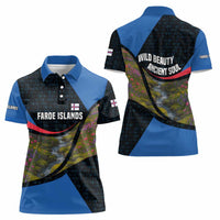 Faroe Islands Women Polo Shirt with Waterfall Nature Scene and Rune Pattern Design - Wonder Print Shop