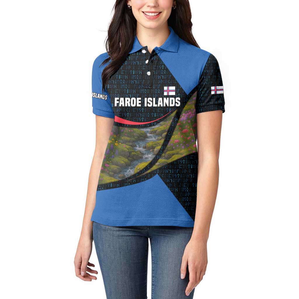 Faroe Islands Women Polo Shirt with Waterfall Nature Scene and Rune Pattern Design - Wonder Print Shop