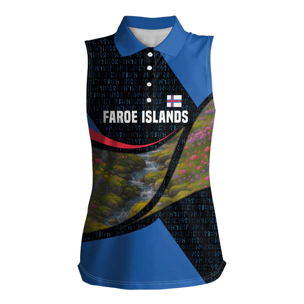Faroe Islands Women Sleeveless Polo Shirt with Waterfall Nature Scene and Rune Pattern Design - Wonder Print Shop
