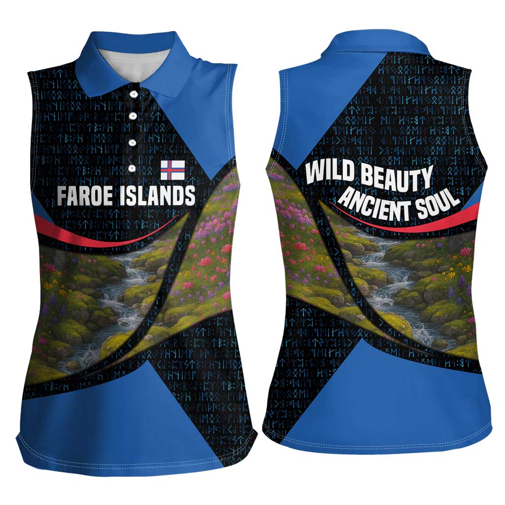 Faroe Islands Women Sleeveless Polo Shirt with Waterfall Nature Scene and Rune Pattern Design - Wonder Print Shop