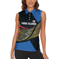 Faroe Islands Women Sleeveless Polo Shirt with Waterfall Nature Scene and Rune Pattern Design - Wonder Print Shop
