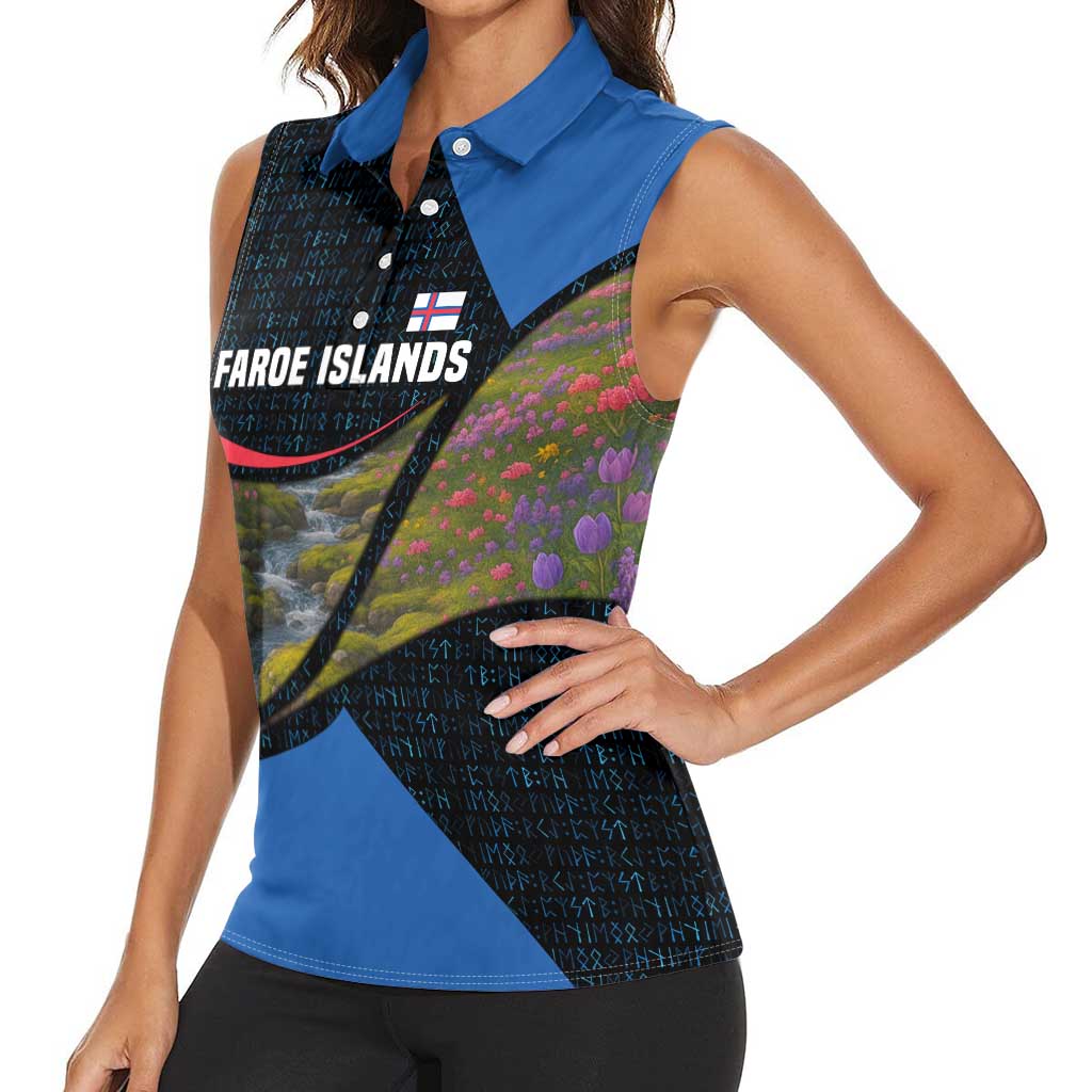 Faroe Islands Women Sleeveless Polo Shirt with Waterfall Nature Scene and Rune Pattern Design - Wonder Print Shop