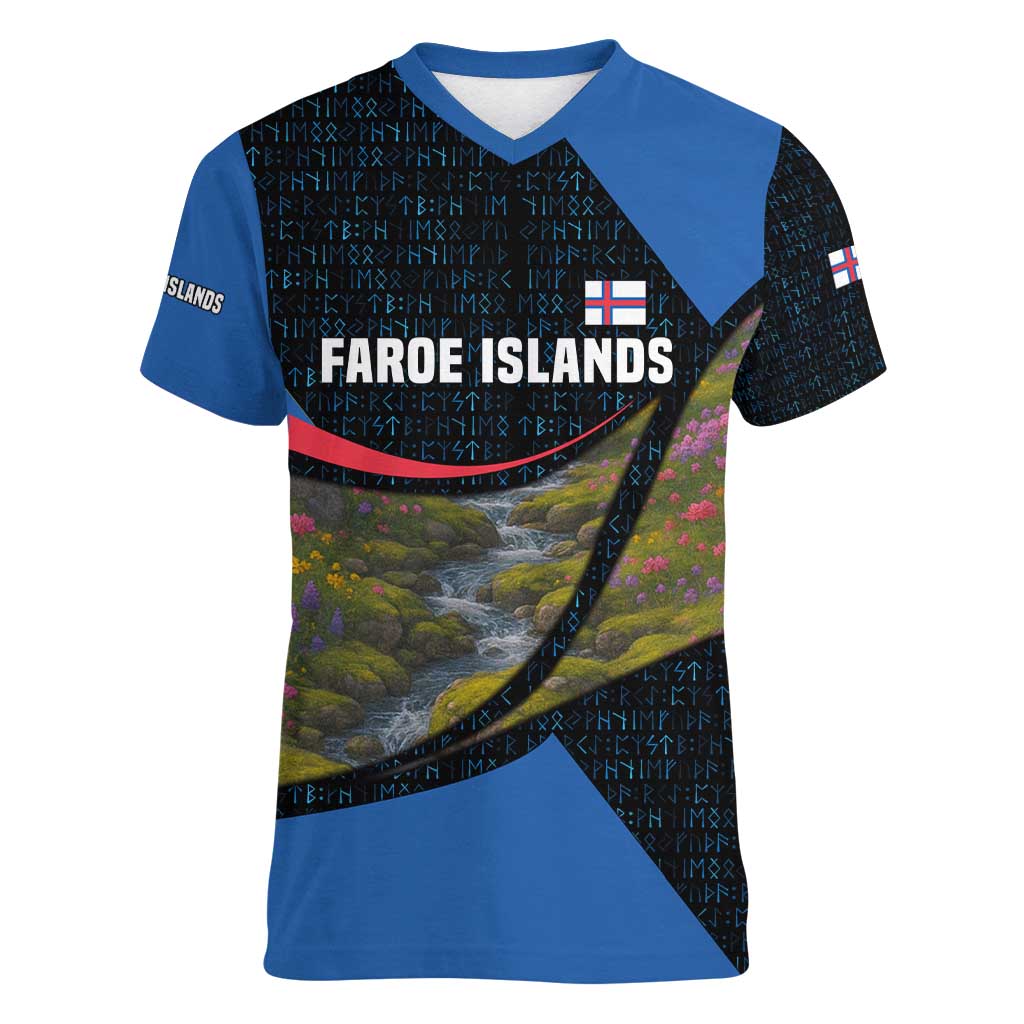 Faroe Islands Women V-Neck T-Shirt with Waterfall Nature Scene and Rune Pattern Design - Wonder Print Shop