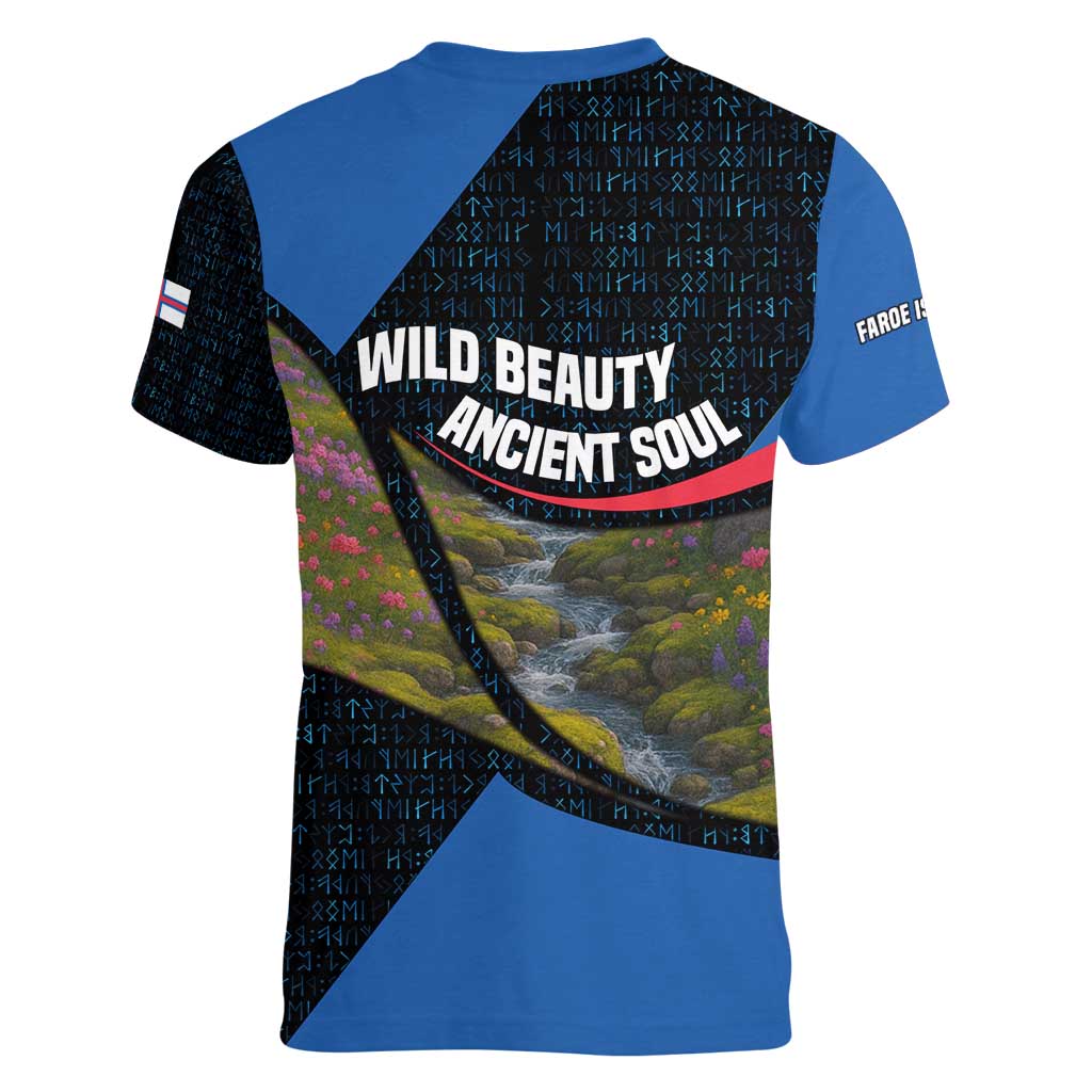 Faroe Islands Women V-Neck T-Shirt with Waterfall Nature Scene and Rune Pattern Design - Wonder Print Shop