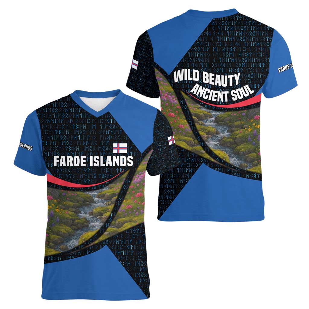 Faroe Islands Women V-Neck T-Shirt with Waterfall Nature Scene and Rune Pattern Design - Wonder Print Shop