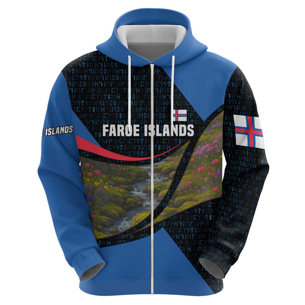Faroe Islands Zip Hoodie with Waterfall Nature Scene and Rune Pattern Design - Wonder Print Shop